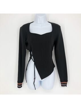 DIDU Asymmetrical Lace Up Top Black Medium Sweetheart Neck Long Sleeve Knit SS23